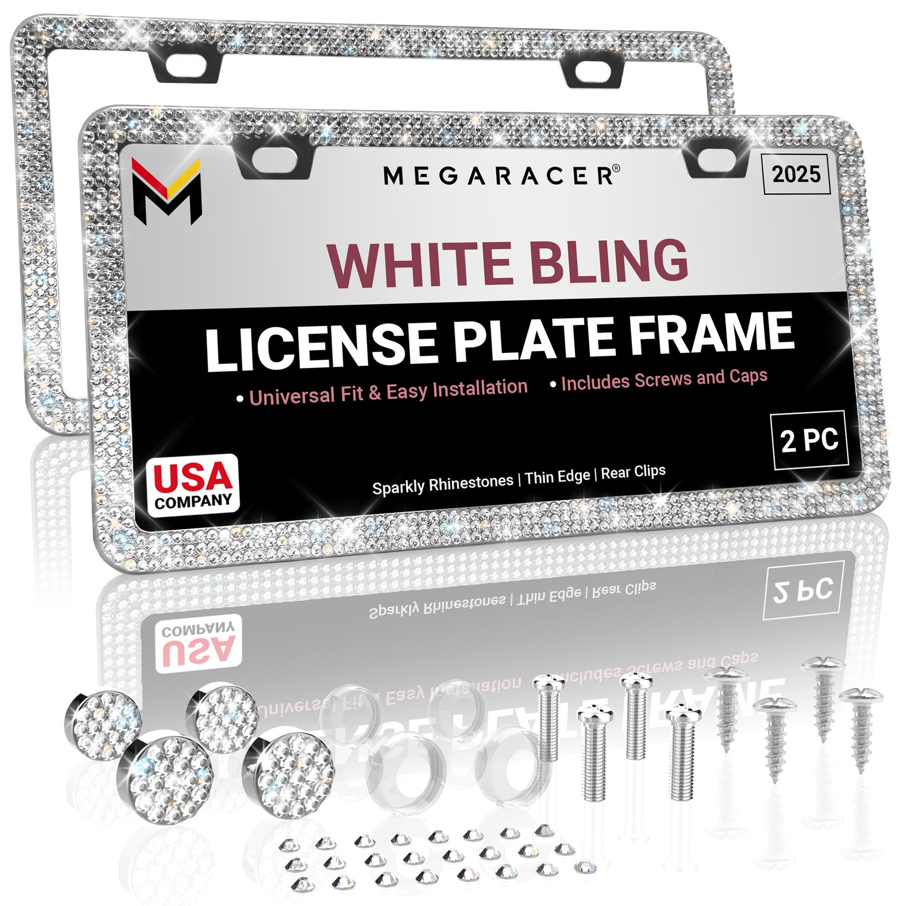 Bling License Plate Frame 2pcs White Thin Diamond Bling Glitter Rhinestone License Plate Frame – Crystal Style For Cars Aluminum License Plate Frame - Foto 10